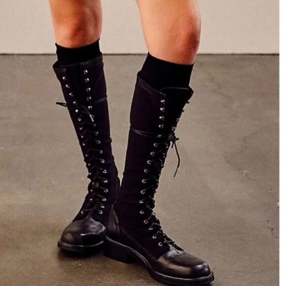 Free People Trickum Black Leather Mesh Knit Zip Tall Boots size 39 - Picture 1 of 15